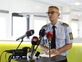 Police inspector Brian Voss Olsen speaks at a press conference in Aarhus, Denmark, Thursday July 14, 2022. Police in Denmark say a 14-year-old girl has died in an accident at a popular northern Denmark amusement park, reportedly when the rear part of a roller-coaster came off the rails. The manager of the Tivoli Friheden amusement park in Aarhus, Denmark's second-largest city, told the local newspaper on Thursday that "the rear two seats" of the Cobraen roller-coaster were hanging "under the wagon train."