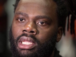 B.C. Lions linebacker Solomon Elimimian speaks to reporters after an end of season meeting at the CFL football team's practice facility, in Surrey, B.C., on Tuesday November 13, 2018.THE CANADIAN PRESS/Darryl Dyck