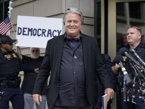 Former White House strategist Steve Bannon departs the federal courthouse, Monday, July 18, 2022, in Washington. Jury selection began Monday in the trial of Bannon, a one-time adviser to former President Donald Trump, who faces criminal contempt of Congress charges after refusing for months to cooperate with the House committee investigating the Jan. 6, 2021, Capitol insurrection.
