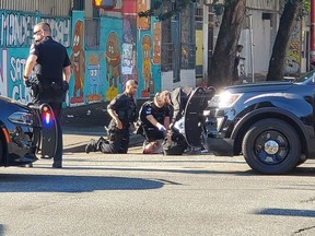 One man has been shot in Vancouver's Downtown Eastside in what witnesses describe as a police-involved shooting on Saturday, July 30, 2022. Photo: Trey Helten [PNG Merlin Archive]