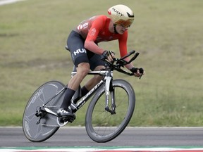 Canada's Alexander Cataford competes during the men's Individual Time Trial event, at the road cycling World Championships, in Imola, Italy, Friday, Sept. 25, 2020.