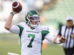 Saskatchewan Roughriders quarterback Cody Fajardo (7) makes the throw against the Edmonton Elks during first half CFL action in Edmonton, Saturday June 18, 2022. The phrase "next man up" may seem like a cliché, but it's been a reality this season for the injury-riddled Saskatchewan Roughriders.