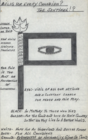 In den 1960er Jahren dachte ein Verrückter, dass ein riesiges Auge eine ausgezeichnete kanadische Flagge wäre, und schickte dieses Design nach Ottawa.  Glücklicherweise haben wir ihn ignoriert und uns stattdessen für ein stilisiertes rotes Ahornblatt entschieden.  Klicken Sie hier, um weitere abgelehnte Flaggendesigns anzuzeigen.