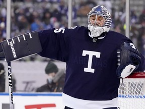Toronto Maple Leafs goaltender Petr Mrazek (35) stands after giving up a goal during third period NHL Heritage Classic hockey action against the Buffalo Sabres, in Hamilton, Ont., Sunday, March 13, 2022.