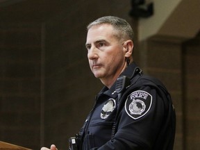 FILE - Lee White, the police chief of Coeur d'Alene, speaks during a news conference at the Coeur d'Alene Library on June 13, 2022, about the arrest of more than two dozen members of Patriot Front near a pride event in Coeur d'Alene, Idaho. Six of the members of a white supremacist group will be in court facing misdemeanor charges of conspiracy to riot.