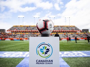 The game ball sits on a pedestal ahead of the inaugural soccer match of the Canadian Premier League, in Hamilton, Ont., Saturday, April 27, 2019. Valour FC posted a 1-0 win over HFX Wanderers on Sunday but it was a no-goal that had people talking after the Canadian Premier League game.