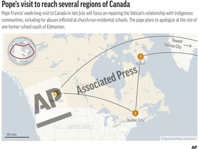 This preview of a digital embed shows the areas in Canada where Pope Francis plans to visit in late July. (AP Digital Embed)