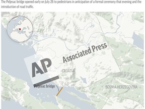 This preview of a digital embed shows the location of the Peljesac bridge, which opened July 26 and connects two parts of the Croatian coastline along the Adriatic Sea. (AP Digital Embed)