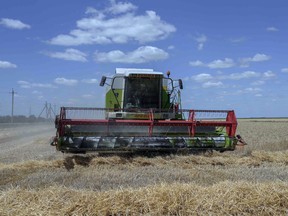 A farmer drives a machine to collect wheat near Mykolaiv, Ukraine, on July 21, 2022.