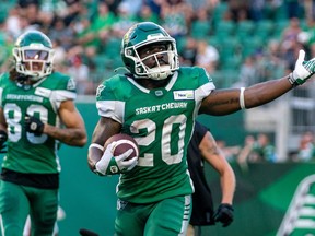 Saskatchewan Roughriders running back Frankie Hickson (20) celebrates after scoring a touchdown against the Ottawa Redblacks during first half of CFL football action in Regina, Friday, July 8, 2022. The Saskatchewan Roughriders beat the Ottawa Redblacks 28-13.