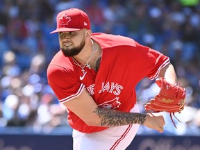 Toronto Blue Jays' starting pitcher Alex Manoah throws to a New York Yankees batter in first inning American League baseball action in Toronto on June 18, 2022.