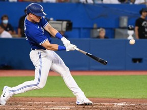 Toronto Blue Jays third baseman Matt Chapman hits a three-run home run against the Kansas City Royals in the fifth inning of American League baseball action in Toronto, Friday, July 15, 2022.
