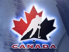 Hockey Canada logo is seen at an event in Toronto on November 1, 2017.