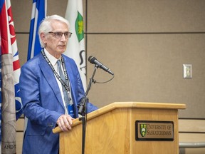 University of Saskatchewan President Peter Stoicheff speaks during a media event at the University of Saskatchewan campus in Saskatoon, Tuesday, June 28, 2022. The university says it is introducing a new policy that leaves verifying Indigenous identity up to Indigenous communities and their governments.THE CANADIAN PRESS/Liam Richards