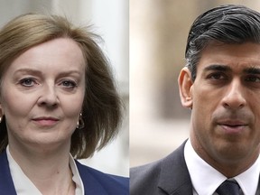 FILE - This combo of file photos shows the remaining candidates in the Conservative Party leadership race, former Chancellor of the Exchequer Rishi Sunak and Foreign Secretary Liz Truss. The two candidates vying to be Britain's next prime minister will face off in a TV debate Monday, July 25, 2022.