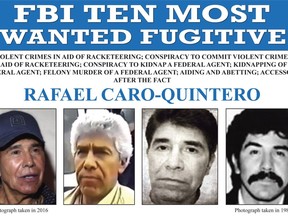 This image released by the FBI shows the wanted poster for Rafael Caro-Quintero, who was behind the killing of a U.S. DEA agent in 1985.