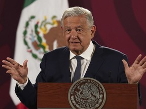 Mexico's President Andres Manuel Lopez Obrador speaks during his daily press conference at the National Palace, in Mexico City, Wednesday, June 22, 2022.