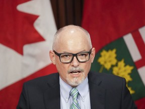 Dr. Kieran Moore speaks at a press conference, at Queen's Park in Toronto on Monday, April 11, 2022. Ontario's top public health doctor is set to share details today on the province's plans to expand access to fourth COVID-19 shots.THE CANADIAN PRESS/Nathan Denette