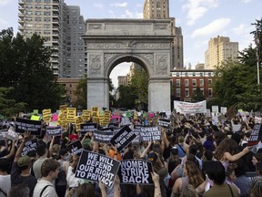 FILE - Abortion rights activists gather for a protest following the U.S. Supreme Court's decision to overturn Roe v. Wade, at Washington Square Park, Friday, June 24, 2022, in New York. The Supreme Court's overturning of Roe v. Wade has ushered in a new era of funding on both sides of the abortion debate. With the legality of abortion now up to individual states to determine, an issue that was long debated by legislators and philanthropists when it was merely theoretical is suddenly a real-world circumstance for people across the country.