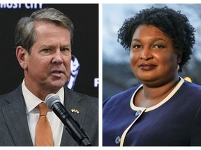 FILE - This combination of 2022 and 2021 photos shows Georgia Gov. Brian Kemp, left, and gubernatorial Democratic candidate Stacey Abrams. The Republican Kemp announced Wednesday, July 6, 2022, that his campaign committee had raised $3.8 million in the two months ended June 30. Abrams hasn't released June 30, 2022, numbers but raised more than $20 million between December and April.