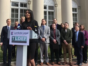 FILE - Lambda Legal lawyer Taylor Brown addresses reporters on March 11, 2019, in Durham, N.C., to announce a lawsuit arguing that North Carolina's health plan for state employees discriminates by not covering hormone treatment and surgery for transgender people. The state employee health plan will resume coverage of gender affirming treatments for transgender employees, the state treasurer said Wednesday, July 13, 2022, complying with a June federal court ruling that declared the refusal of coverage unconstitutional.
