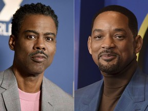 FILE - In this combo of file photos, Chris Rock, left, appears at the the FX portion of the Television Critics Association Winter press tour in Pasadena, Calif., on Jan. 9, 2020; and Will Smith appears at the 94th Academy Awards nominees luncheon in Los Angeles on March 7, 2022. Smith has again apologized to Chris Rock for slapping him during the Oscar telecast in a new video, saying that his behavior was "unacceptable" and revealing that he reached out to the comedian to discuss the incident but was told Rock wasn't ready. (AP Photo/File)
