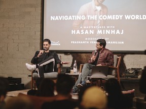 This Oct. 2021 image provided by Rideback Rise shows comedian Hasan Minhaj, left, giving a master class, in Los Angeles, that showcased the type of programming Rideback Rise will provide to its fellows and others.