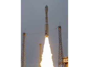 This photograph provided by the European Space Agency shows the Vega-C rocket lifting off from its launch pad at the Kourou space base, French Guiana, Wednesday July 13, 2022. The European Space Agency on Wednesday celebrated the first flight of its Vega-C rocket, which is designed to provide more bang for customers' buck in the increasingly competitive business of launching satellites into orbit.