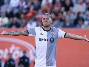 Carlos Salcedo (3) of Toronto FC complains after a call during first half of the 2020 Canadian Championship Final soccer against the Forge FC in Hamilton, Ont. on Saturday, June 4, 2022.