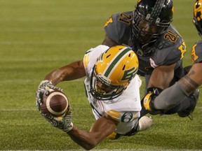 Edmonton Elks wide receiver Kenny Lawler (89) dives across the line for a touchdown to bring his team within one point of the Hamilton Tiger-Cats late in the during fourth quarter of CFL football game action in Hamilton, Ont., Friday, July 1, 2022.