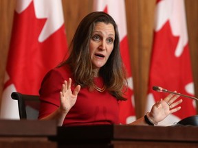 Chrystia Freeland, Canada's deputy prime minister and finance minister, speaks during a news conference on Parliament Hill in Ottawa, Ontario, Canada, on Wednesday, Feb. 23, 2022.