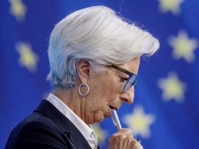 File-File photo shows ECB President Christine Lagarde giving a press conference after the first monetary policy meeting of the new year in Frankfurt, Germany, February 3, 2022.