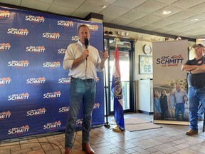 Missouri's Republican Attorney General and U.S. Senate candidate Eric Schmitt speaks at a campaign rally at a bar, Wednesday, July 27, 2022 in Columbia, Mo.