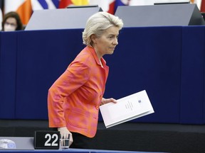 European Commission President Ursula von der Leyen leaves after delivering her speech at the European Parliament during the presentation of the program of activities of the Czech Republic's EU presidency, Wednesday, July 6, 2022 in Strasbourg, eastern France. The European Union's Commission chief Ursula von der Leyen said that the 27-nation bloc needs to emergency plans to prepare for a complete cut-off Russia gas in the wake of the Kremlin's war in Ukraine.