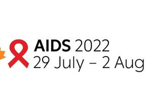 The AIDS 2022 conference logo is seen in this undated handout photo.