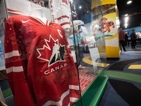 A Hockey Canada jersey is displayed at the B.C. Sports Hall of Fame in Vancouver, on July 8, 2022.