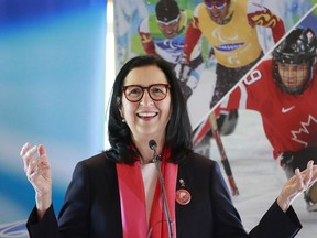 Tricia Smith, President of the Canadian Olympic Committee, takes part in a joint press conference between the Canadian Olympic Committee, the Four Host First Nations, and the cities of Vancouver and Whistler where the "hosting concept" for the 2030 Winter Olympics bid was unveiled in Whistler, B.C., on Tuesday, June 14, 2022.