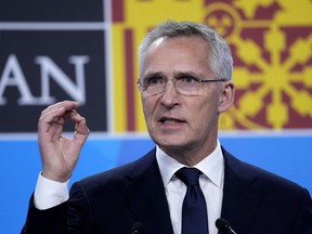 NATO Secretary General Jens Stoltenberg speaks during a media conference at the end of a NATO summit in Madrid, Spain on Thursday, June 30, 2022. North Atlantic Treaty Organization heads of state met for the final day of a NATO summit in Madrid on Thursday.