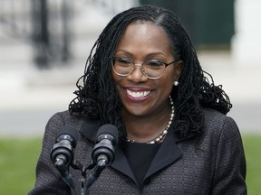 FILE - Ketanji Brown Jackson speaks during an event on the South Lawn of the White House in Washington, April 8, 2022, celebrating the confirmation of Jackson as the first Black woman to reach the Supreme Court. The Supreme Court has taken a step that will allow new Justice Ketanji Brown Jackson, the first Black woman on the court, to take part in a case that could lead to the end of the use of race in college admissions.
