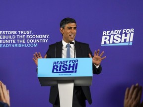 British Conservative Party Member of Parliament Rishi Sunak launches his campaign for the Conservative Party leadership, in London, Tuesday, July 12, 2022. Contenders to replace British Prime Minister Boris Johnson were racing Tuesday to clear their first hurdle: amassing enough support from colleagues to make the Conservative Party leadership ballot.