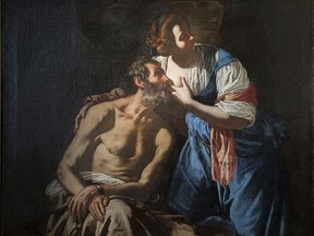This undated image, provided by the Carabinieri Cultural Heritage Protection Squad in Bari, southern Italy, Tuesday, July 19, 2022, shows 17th Century painter Artemisia Gentileschi's Caritas Romana (Roman Charity). The oil on canvas was illegally exported to Austria in 2019. Italy's art squad police have thwarted the potential, illegal sale by a Vienna auction house of a 17th-century painting by Artemisia Gentileschi, a celebrated Baroque artist.