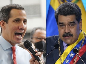 FILES - Juan Guaido, the leader of Venezuela's National Assembly who says he is also the country's interim president, gives a press conference in Caracas, Venezuela on Dec. 7, 2020, left, and Venezuelan President Nicolas Maduro speaks in Caracas, Venezuela on Jan. 22, 2021. Guaidó won a U.K. court ruling Friday, July 29, 2022 that takes him a step closer to victory in his battle with Maduro over a cache of gold bullion held in the Bank of England.