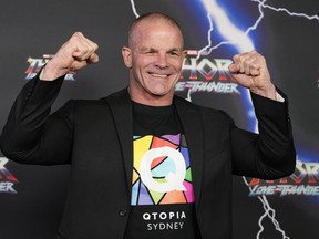 Former Australian rugby league player Ian Roberts gestures during a red carpet event for the movie premiere of "Thor: Love and Thunder" at the Entertainment Quarter in Sydney, Australia, Monday, June 27, 2022. Roberts, who in the 1990s was the first high-profile rugby league player to come out as gay, said he was not surprised, Tuesday July 26, 2022, that seven Manly Sea Eagles players withdrew from a National Rugby League match because they're unwilling to wear their club's inclusion jersey.