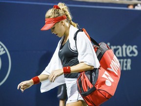 Eugenie Bouchard of Canada leaves the court after being defeated by compatriot Bianca Andreescu during first round play at the Rogers Cup women's tennis tournament in Toronto, Tuesday August 6, 2019.