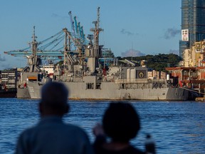 People visit the harbour where Taiwanese Navy warships are anchored on August 07, 2022 in Keelung, Taiwan.