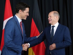 Canada's Prime Minister Justin Trudeau (L) meets with German Chancellor Olaf Scholz (R) in Montreal, Canada on August 22, 2022.