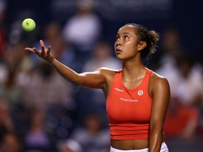AUGUST 08: Leylah Fernandez of Canada serves against Storm Sanders of Australia during the National Bank Open, part of the Hologic WTA Tour, at Sobeys Stadium on August 8, 2022 in Toronto, Ontario, Canada.