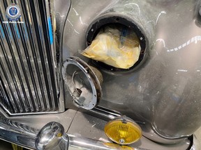 Police in Australia discovered cocaine and meth hidden behind a headlight of a vintage Bentley luxury sedan shipped from Canada. Two men were arrested.