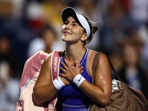 Bianca Andreescu of Canada acknowledges the crowd after losing to Qinwen Zheng of China during the National Bank Open in Toronto on August 11, 2022.