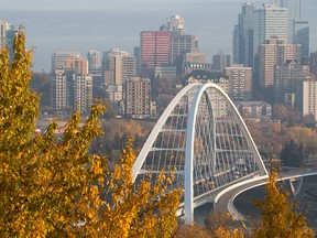 A hazy fog hangs over the Walterdale Bridge and downtown Edmonton in a photo taken Oct. 7, 2021. Council has declined to continue with plans for a proposed 2.5-kilometre gondola route that would have consisted of five stops and 19 towers.